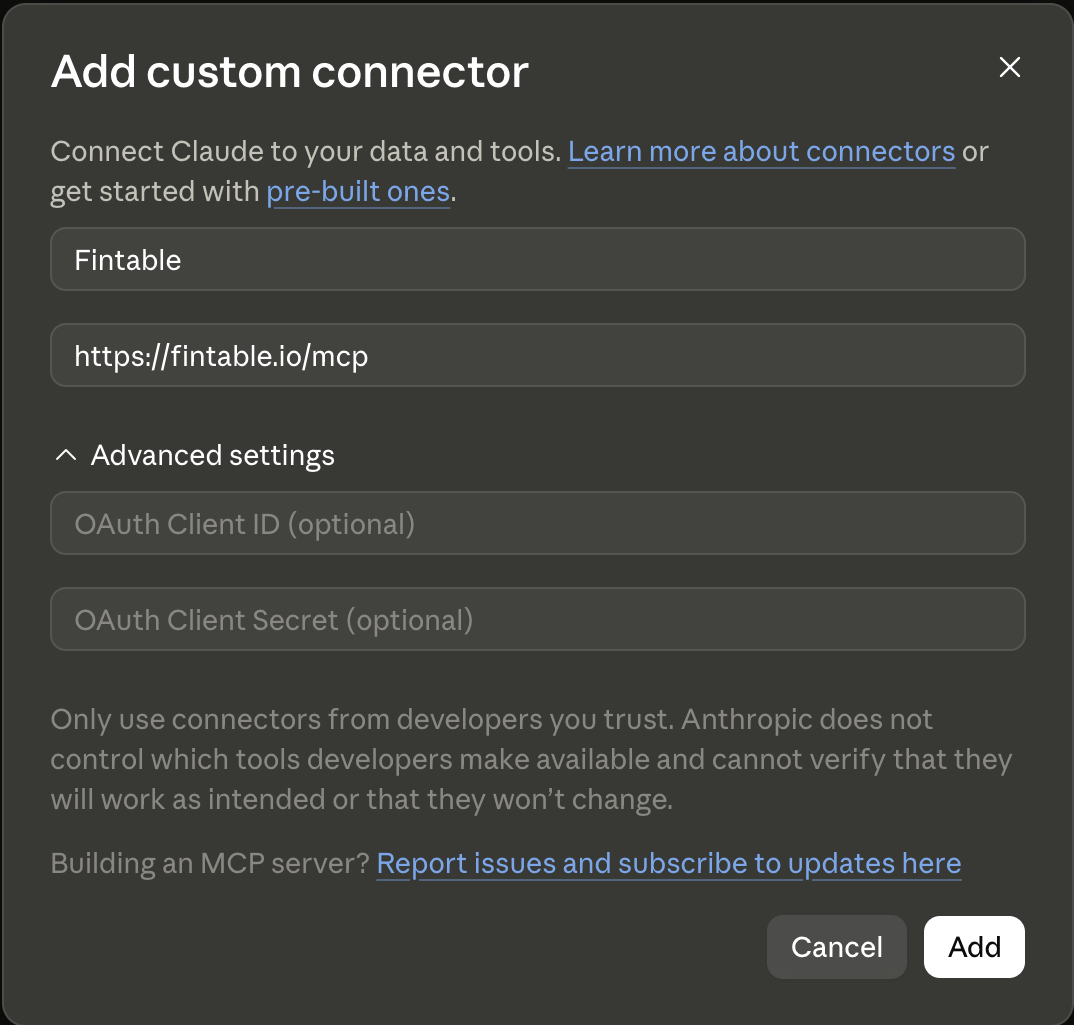 Añadir el conector personalizado de Fintable en Claude