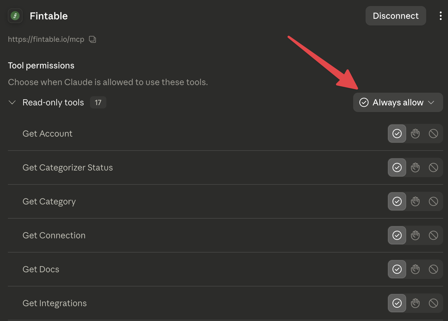 Configurar las herramientas de solo lectura de Fintable en Always allow en Claude